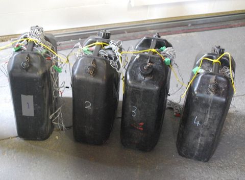 Expedition equipment testing, warm water containers for jacket testing in cold chamber